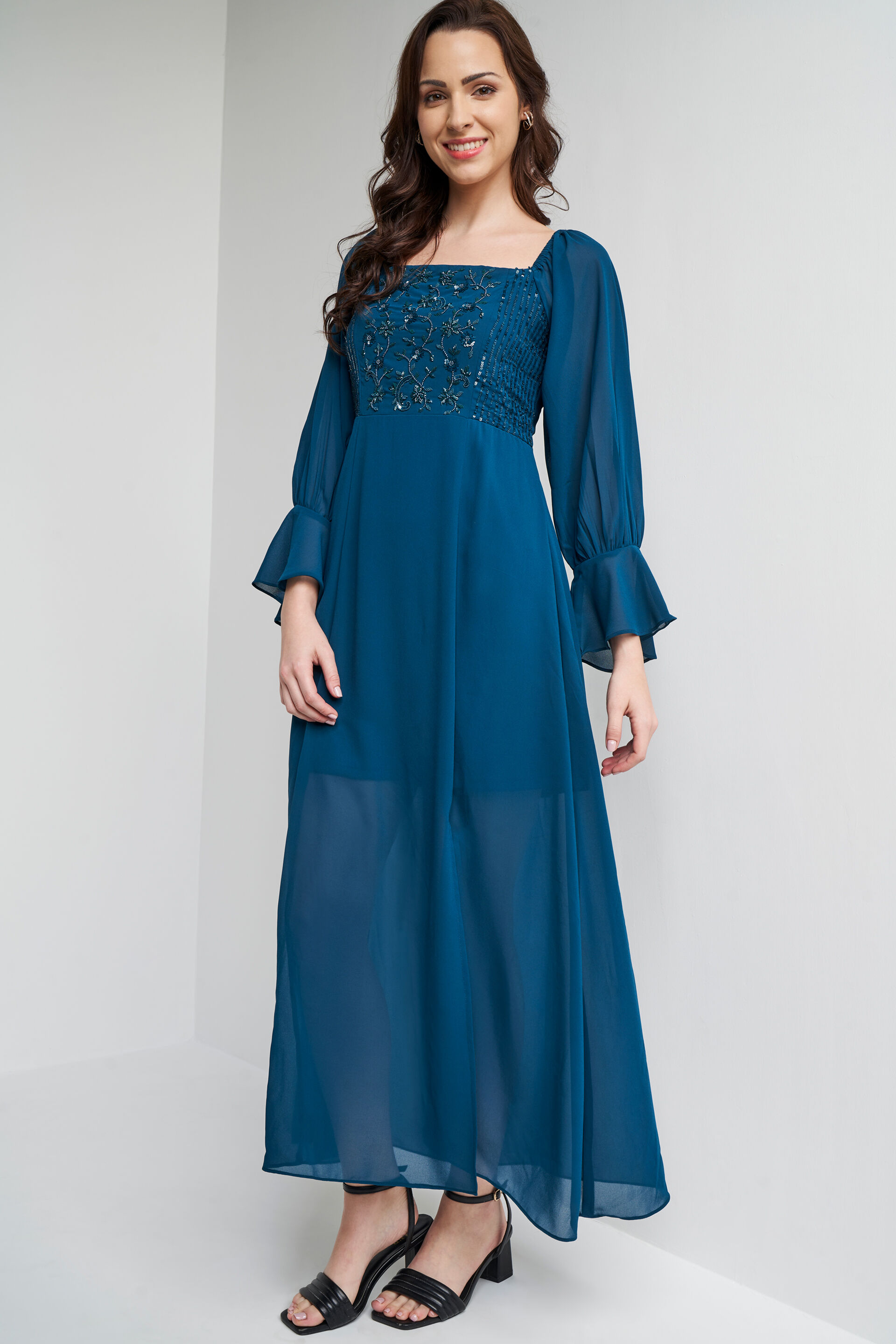 Teal Solid Flared Gown, Teal, image 4
